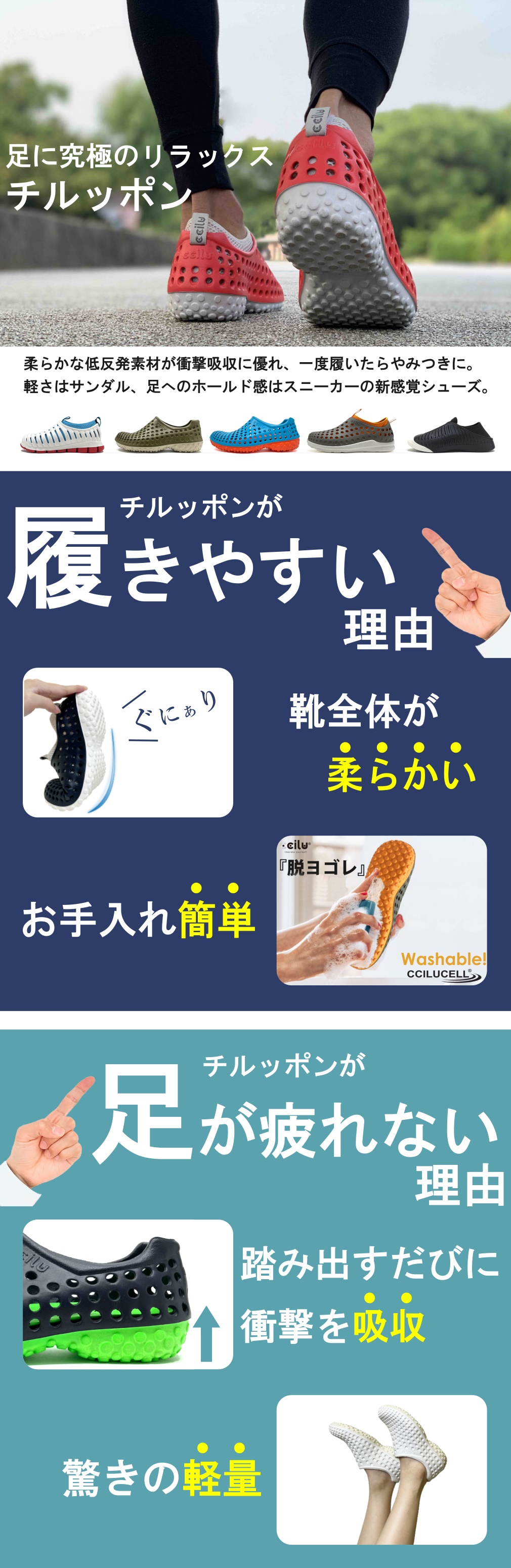 足に究極のリラックス【チルッポン】は柔らかな低反発素材が衝撃吸収に優れ、一度履いたら病みつきになります。軽さはサンダル、足へのホールド感はスニーカーの新感覚シューズ。靴全体が柔らかいのが【チルッポン】が履きやすい理由です。【チルッポン】で足が疲れない理由は誰もが驚く軽さと踏み出すたびに衝撃を吸収する素材を使用して作られているからです。